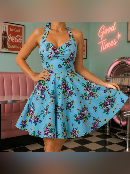 Hell Bunny Vixen Dresses & Skirts - Hell Bunny Vixen Halter Pin Up Rockabilly Dress Retro Floral Women’s Small Blue